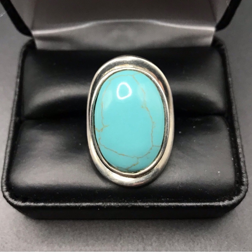 925 Sterling Silver Turquoise Oval Statement Ring Size 7